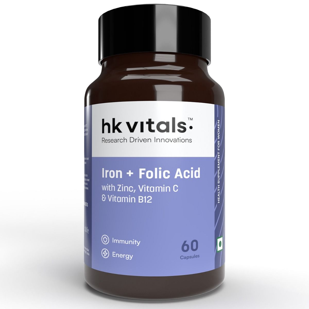 

HK Vitals Iron + Folic Acid Supplement, with Zinc, Vitamin C & Vitamin B12, Supports Blood Building, Immunity and Energy, 60 Iron Folic Capsules