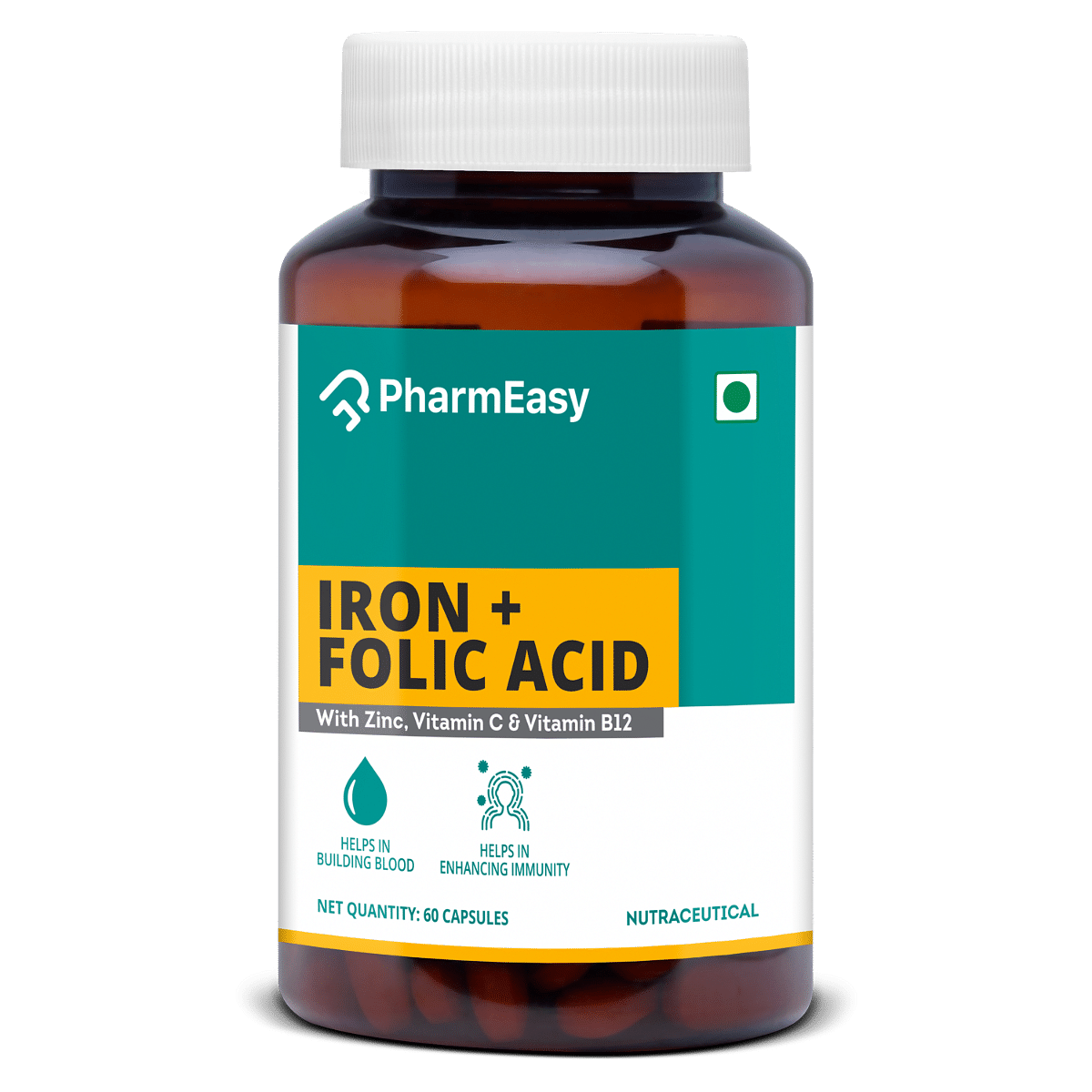 

PHARMEASY IRON+FOLIC ACID WITH ZINC, VITAMIN C &B12 - MAINTAINS OVERALL HEALTH - BOTTLE OF 60