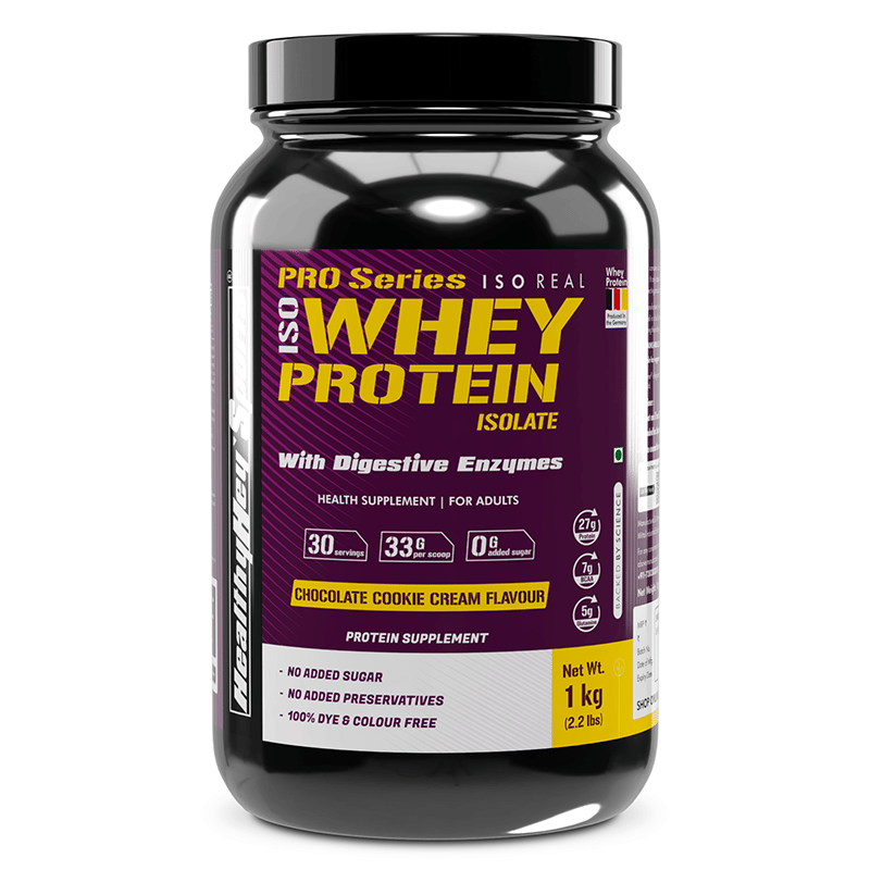 

HealthyHey Sports Produced in USA ISO Real 90% Whey Protein Chocolate Cookie Cream -with Digestive Enzymes (1 Kg)
