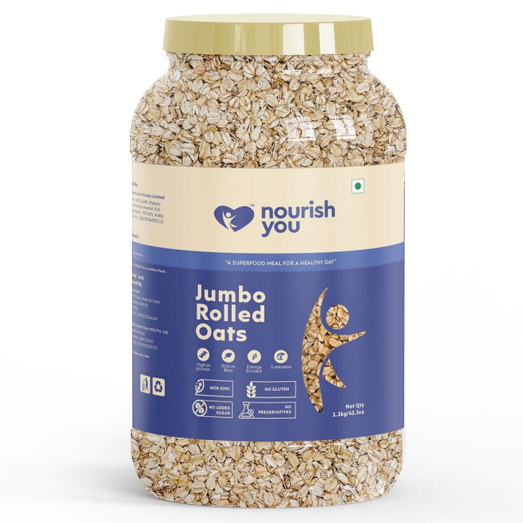 

Nourish You Organic Jumbo Rolled Oats Jar - Rich in Protein , Breakfast Cereal , Helps in weight management , Gluten free- 1.2 Kg