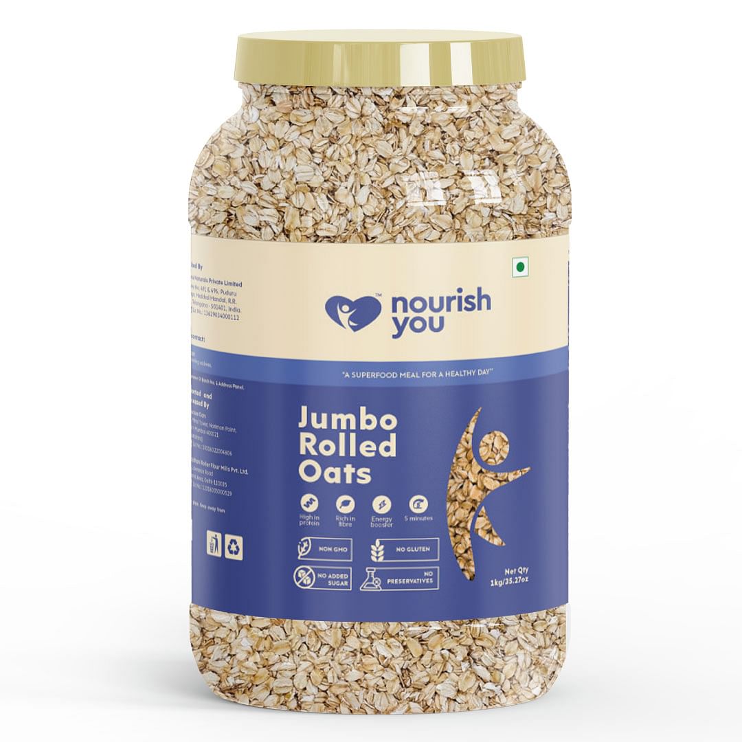 

Nourish You Organic Jumbo Rolled Oats Jar - Rich in Protein , Breakfast Cereal , Helps in weight management , Gluten free- 1 Kg