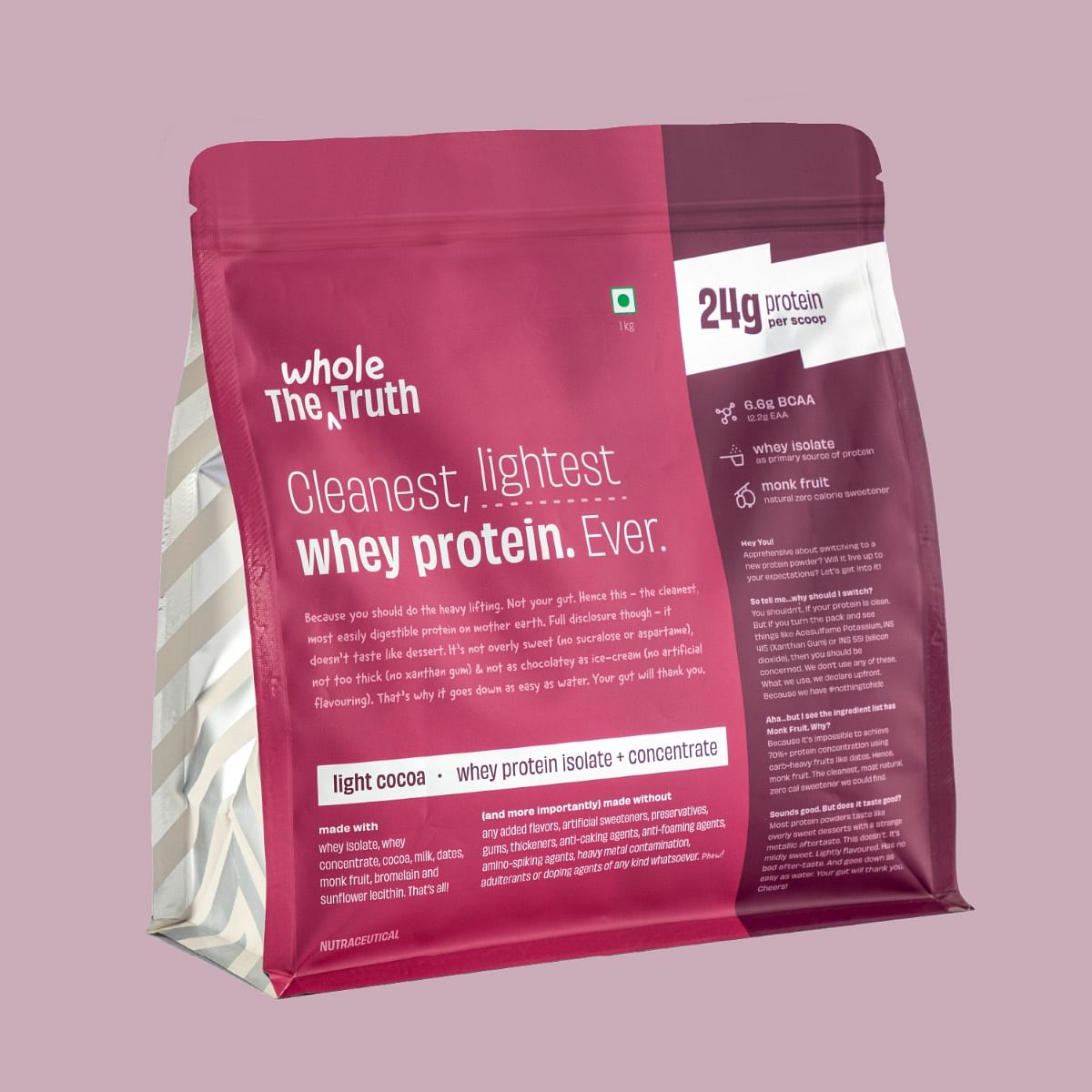 

The Whole Truth Whey Protein Isolate+Concentrate 1Kg | 28 Serving | Light Cocoa Flavour | 24g Protein | Strenght | Muscle Building