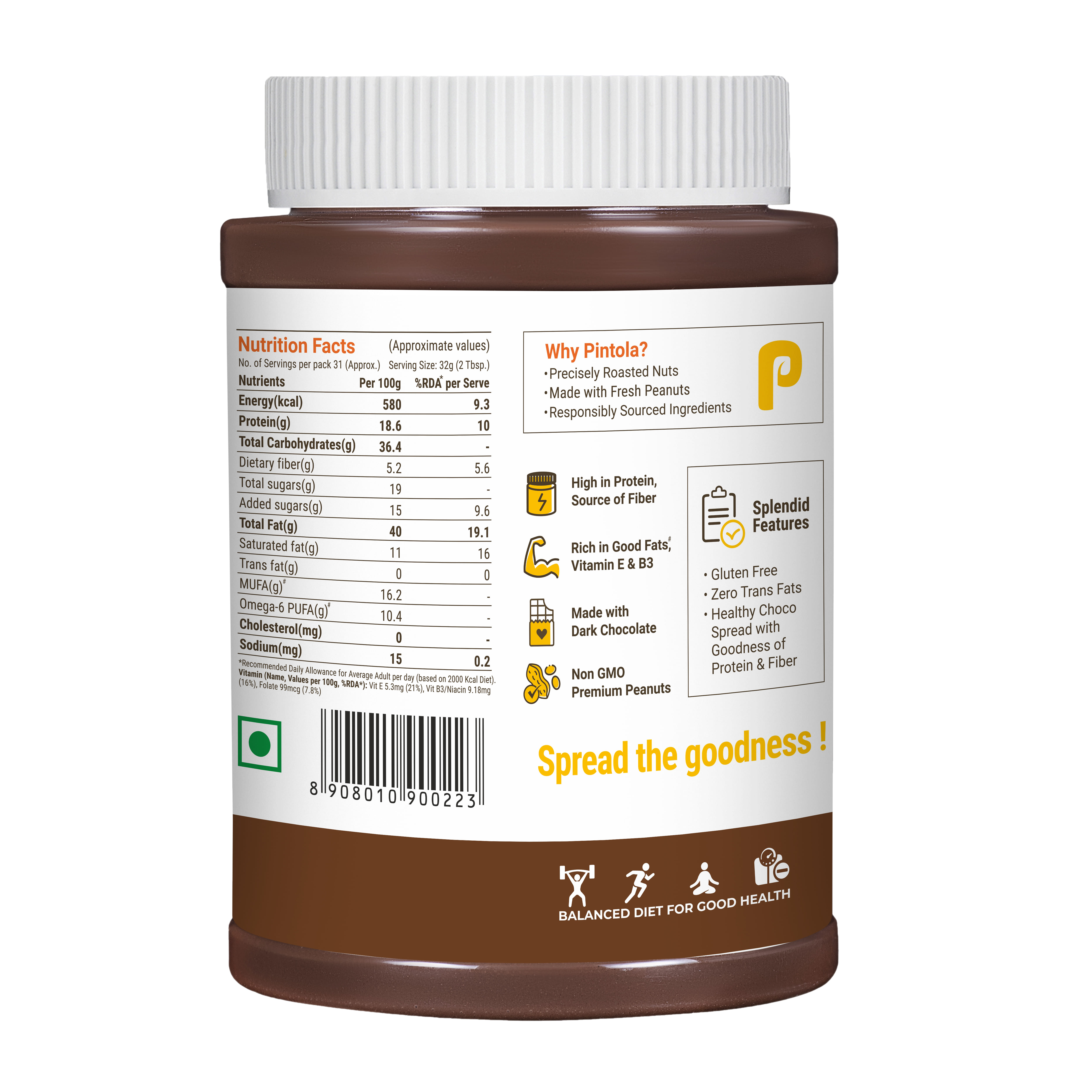 Pintola Peanut Butter 1Kg Serving 31 Dark Chocolate Creamy 18.6g