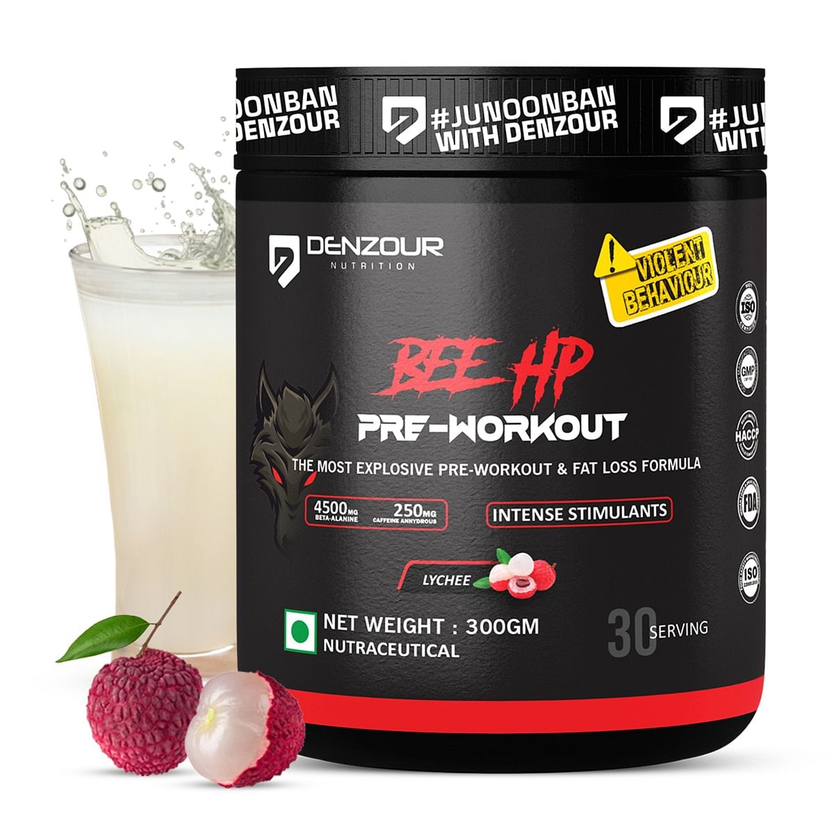 

Denzour Nutrition BEE-HP Pre-Workout with 750mg Creatine Monohydrate & 4500mg Beta-Alanine, Intense Energy with Fat Loss Formula, 300g - Lychee
