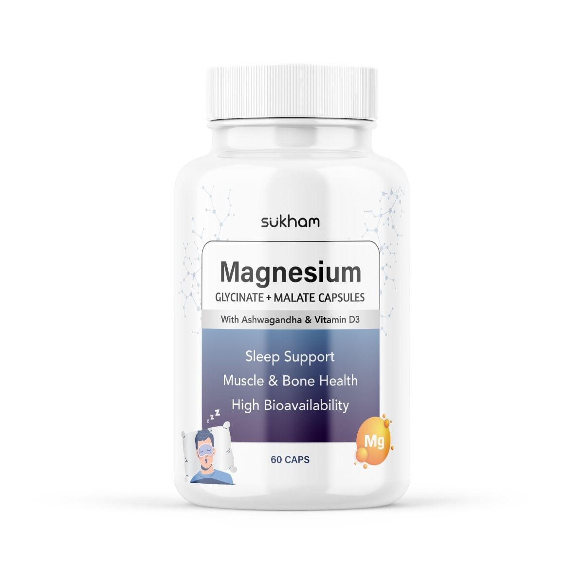 

Sukham Magnesium Glycinate + Malate Capsules | 60 caps - 30 days | High Absorption Supplement | Helps with Better Sleep, Muscle & Bone Health | Wit...