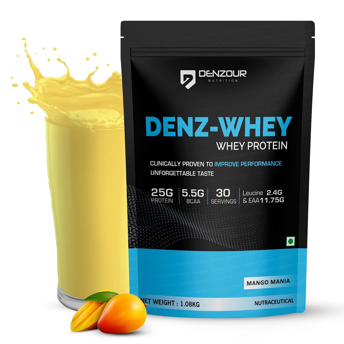 

Denzour Nutrition Denz-Whey Protein with 25g Protein, 5.5g BCAA & 11.75g EAA for Muscle Support & Recovery - 1Kg, Mango Mania