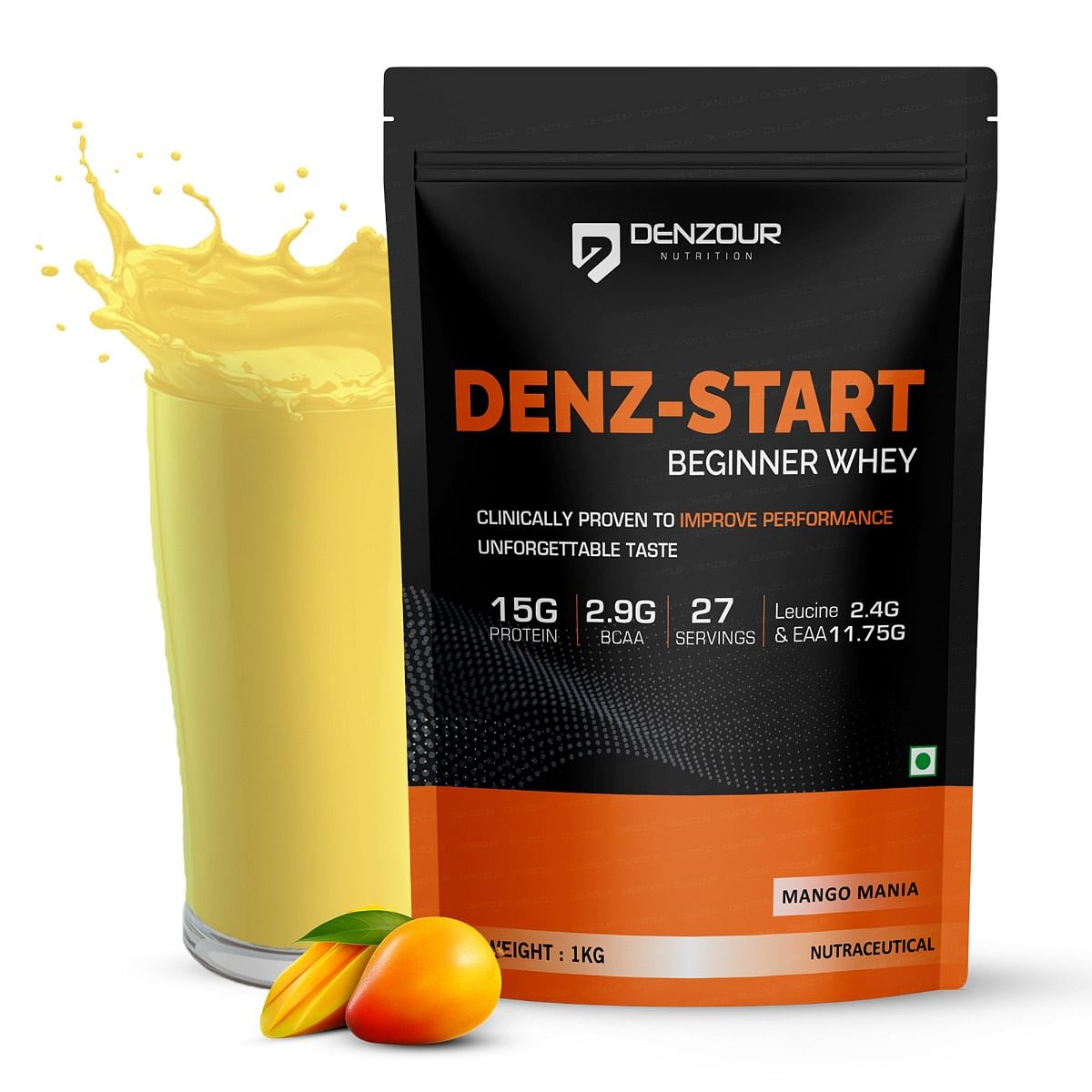 

Denzour Nutrition Denz-Start Whey Protein for Beginners with 15g Protein & 2.9g BCAA to Improve Performance & Faster Muscle Recovery, 1Kg, Mango Mania