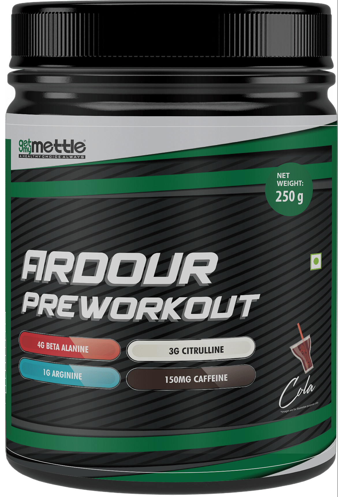 

Getmymettle Ardour Pre Workout 4g Beta Alanine 3g Citrulline 1g Arginine 150mg Caffeine 10g serving size 25 Servings Cola 250g