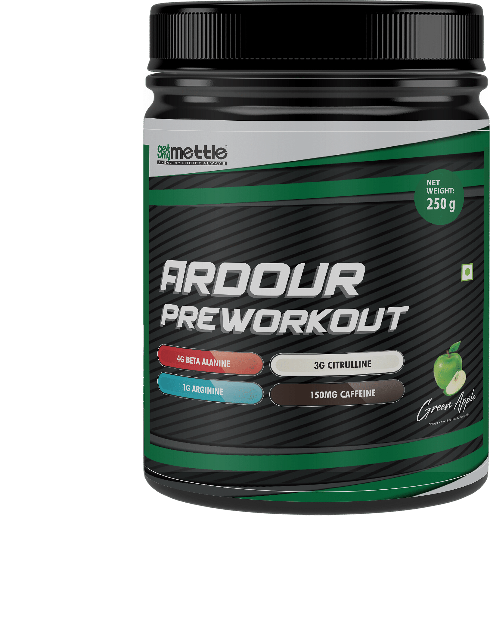 

Getmymettle Ardour Pre Workout 4g Beta Alanine 3g Citrulline 1g Arginine 150mg Caffeine 10g serving size 25 Servings Green Apple 250g