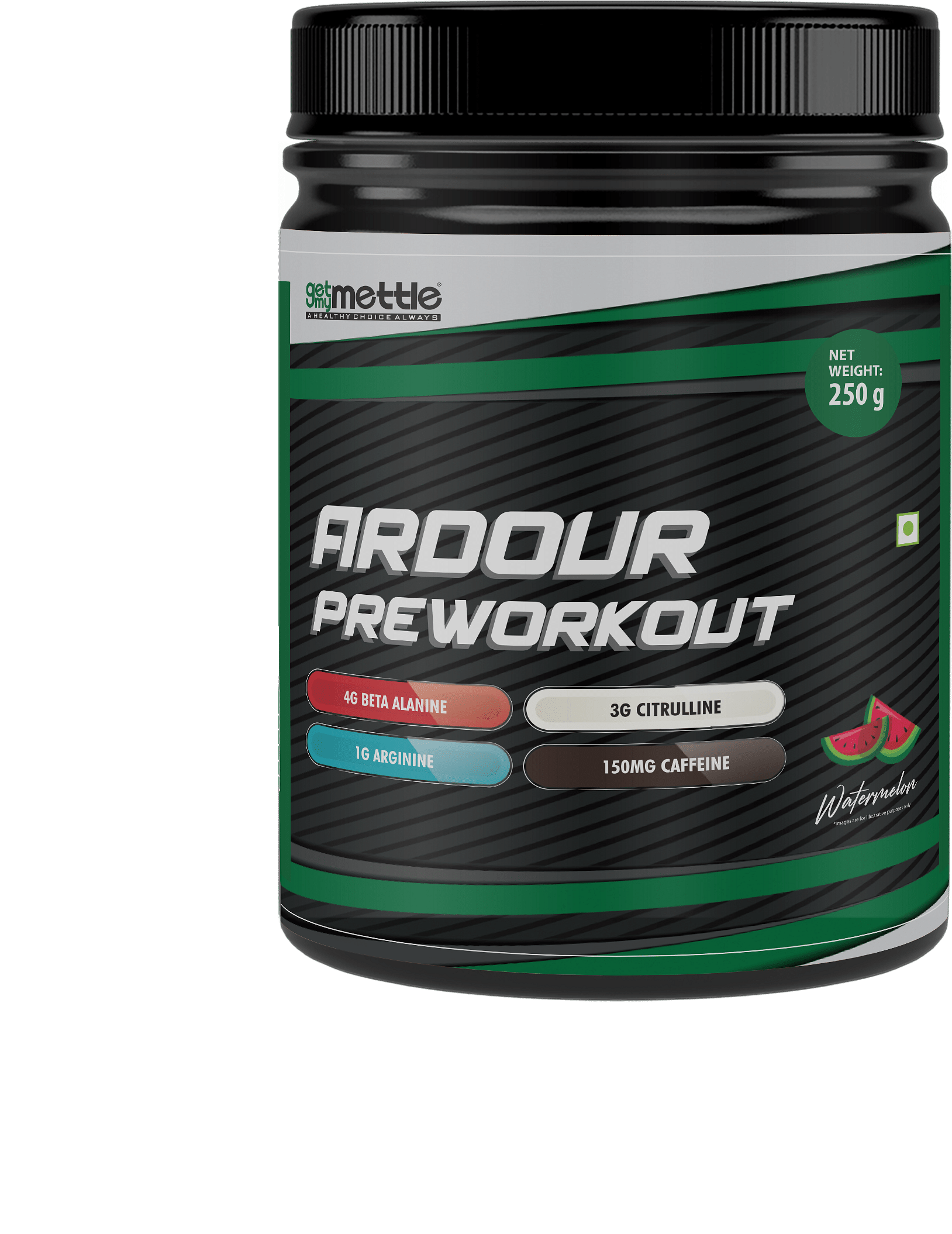 

Getmymettle Ardour Pre Workout 4g Beta Alanine 3g Citrulline 1g Arginine 150mg Caffeine 10g serving size 25 Servings Watermelon 250g