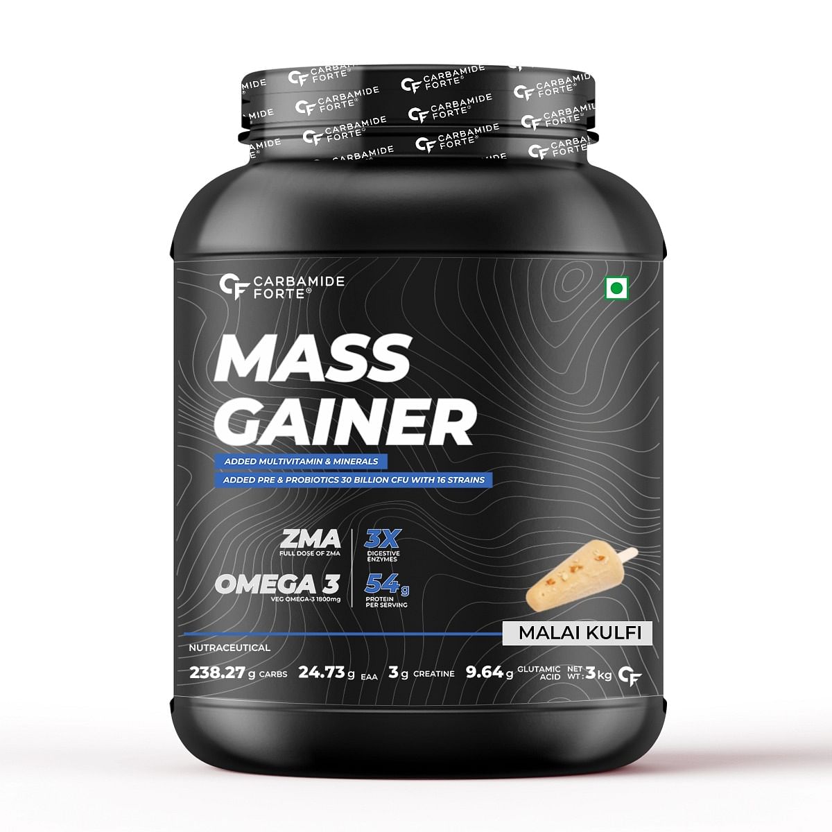 Carbamide Forte Mass Gainer with 54g Protein, 250g Carbs, Multivitamin, ZMA & Creatine 3g -Malaikulfi Flavour Weight Gainer - 3 kg