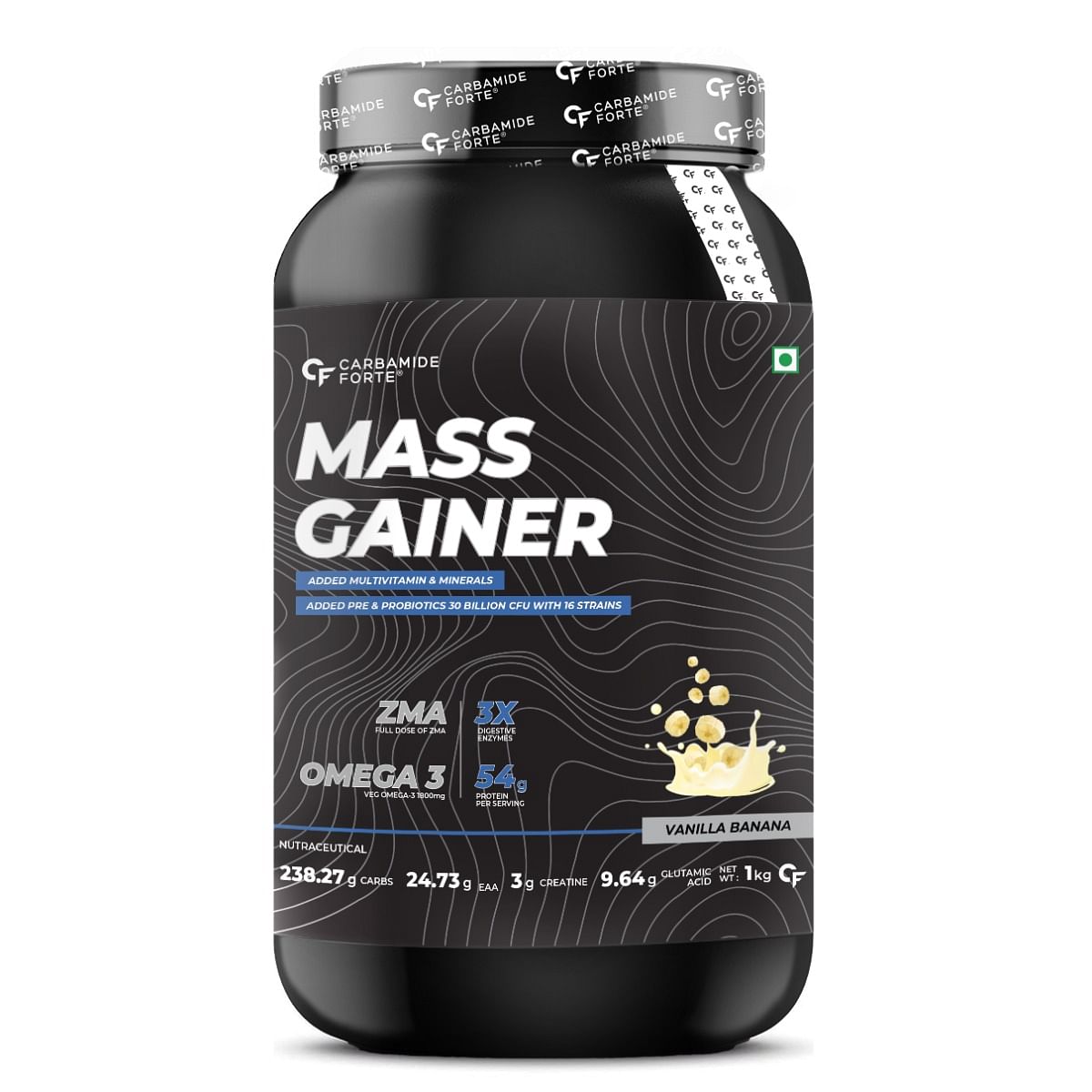 

Carbamide Forte Mass Gainer with 54g Protein, 250g Carbs, Multivitamin, ZMA & Creatine 3g - Vanillabanana Flavour Weight Gainer - 1kg