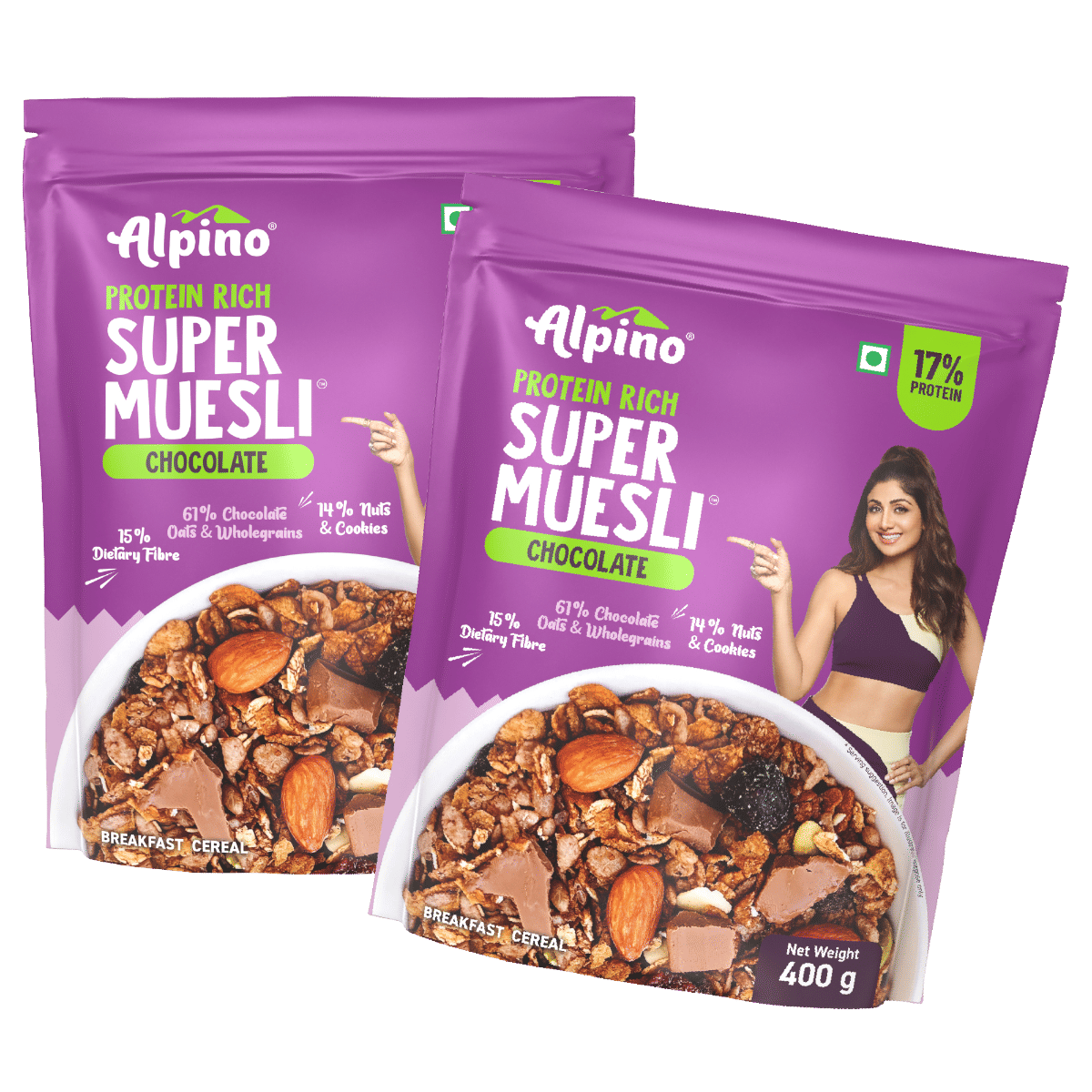 

ALPINO 17g Protein-Rich Super Muesli Chocolate 800g (400g, Pack of 2) - 61% Whole Grains, 14% Nuts & Cookies - Source of Dietary Fibre & Healthy Fats