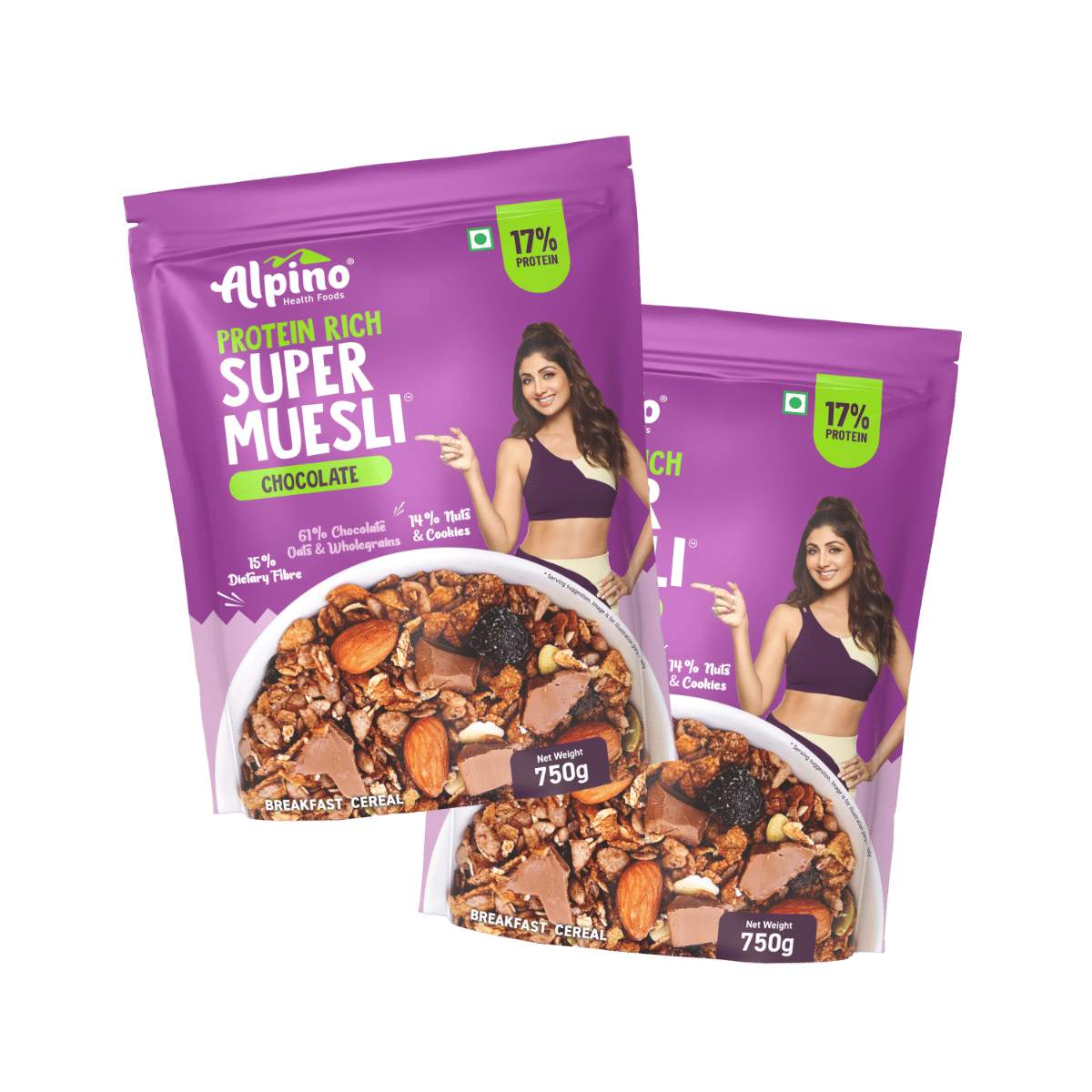 

ALPINO 17g Protein-Rich Super Muesli Chocolate 1.5kg (750g, Pack of 2) - 61% Whole Grains, 14% Nuts & Cookies - Source of Dietary Fibre & Healthy Fats