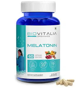 BIOVITALIA ORGANICS Melatonin Capsules With Vitamin B6 | Improve sleep efficiency | Reduce sleep latency | Improve mood and cognitive function| Helps in Relaxation | 60 Capsules 