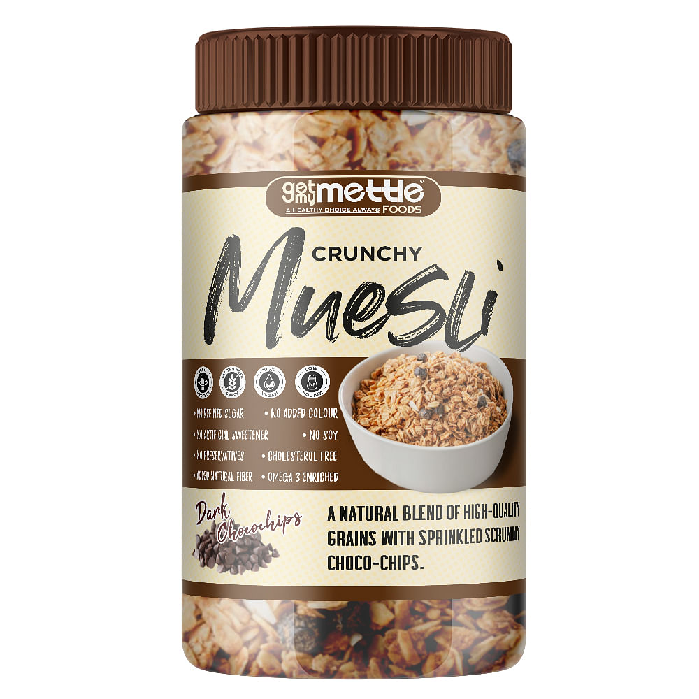 

Getmymettle Natural blend of high quality grains melded with choco chips Muesli 400g