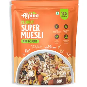 Alpino Super Muesli Nut Delight 400 G | 20% Dried Fruits & Nuts | 69% Whole Grain Breakfast Cereal | High in Iron | Source of Fibre | Finest Nuts & Raisins | No Sugar Infused Fruits