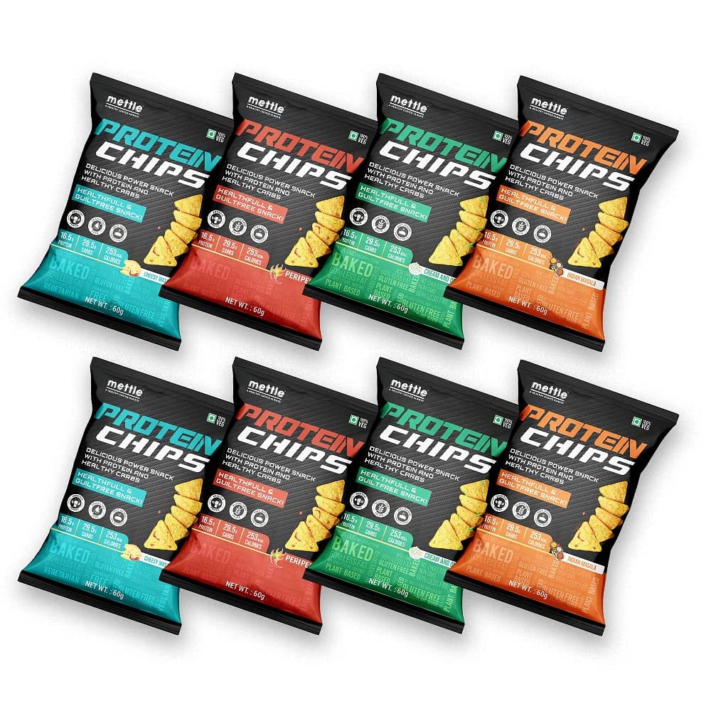 

Getmymettle Protein Chips Assorted Pack of 6 16.5g Protein Oven-Baked 60percent Less Fat Gluten Free Trans Fat Free (60g Each) 360g