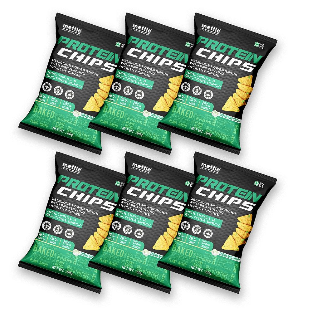 

Getmymettle Cream and Onion Protein Chips Pack of 6 16.5g Protein Healthy Snack 60% Less Fat Gluten Free Trans Fat Free (60g Each) 360g