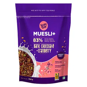 Yogabar Dark Chocolate Muesli & Cranberry 700g - Breakfast Cereal with 83% Nuts & Seeds, Dried Fruits, & Whole Grains - Vegan & Gluten Free Snack