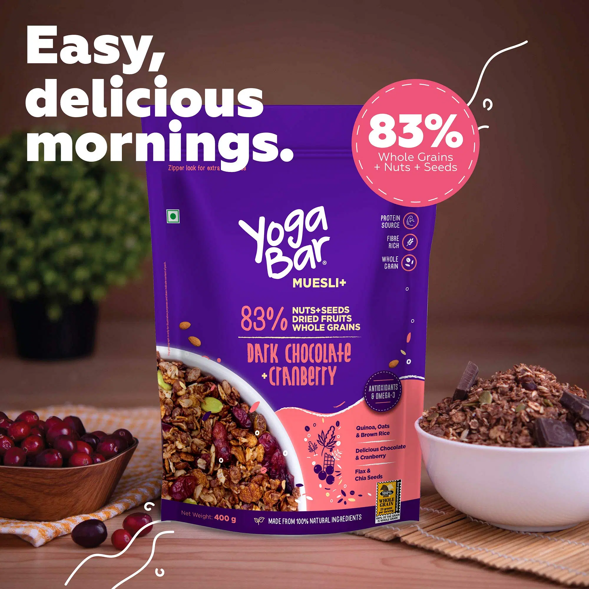 Yogabar Dark Chocolate Muesli & Cranberry 700g - Breakfast Cereal with 83%  Nuts & Seeds, Dried Fruits, & Whole Grains - Vegan & Gluten Free Snack