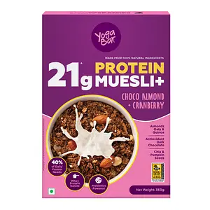 Yogabar Whey Protein Muesli Choco Almond & Cranberry 21g High Protein , Almonds & Probiotics - Muesli with Dark Chocolate, 350g