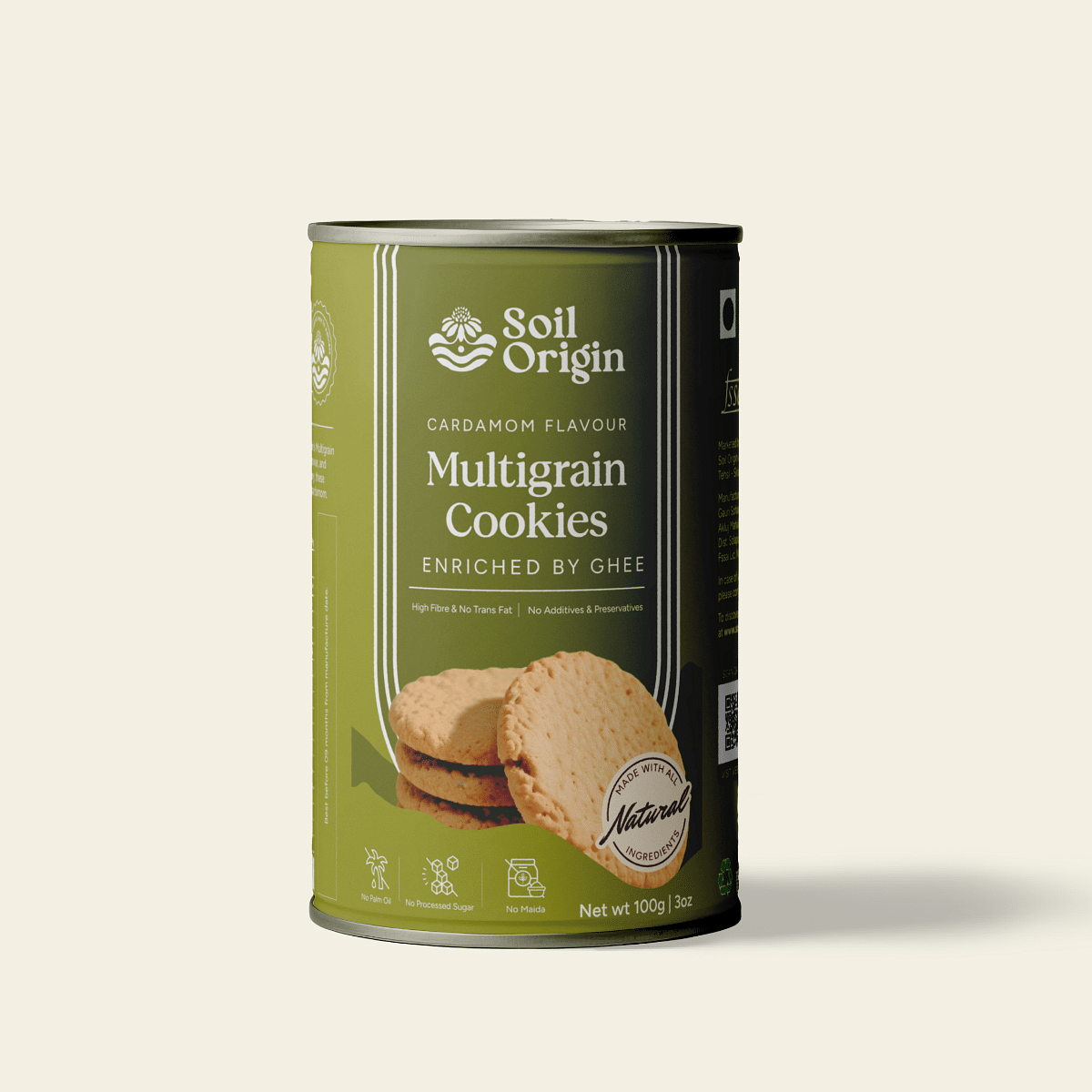 

Soil Origin Multigrain Cookies | Cardamom Flavour | Enriched with Ghee | Zero Maida | Healthy Cookies - 100g