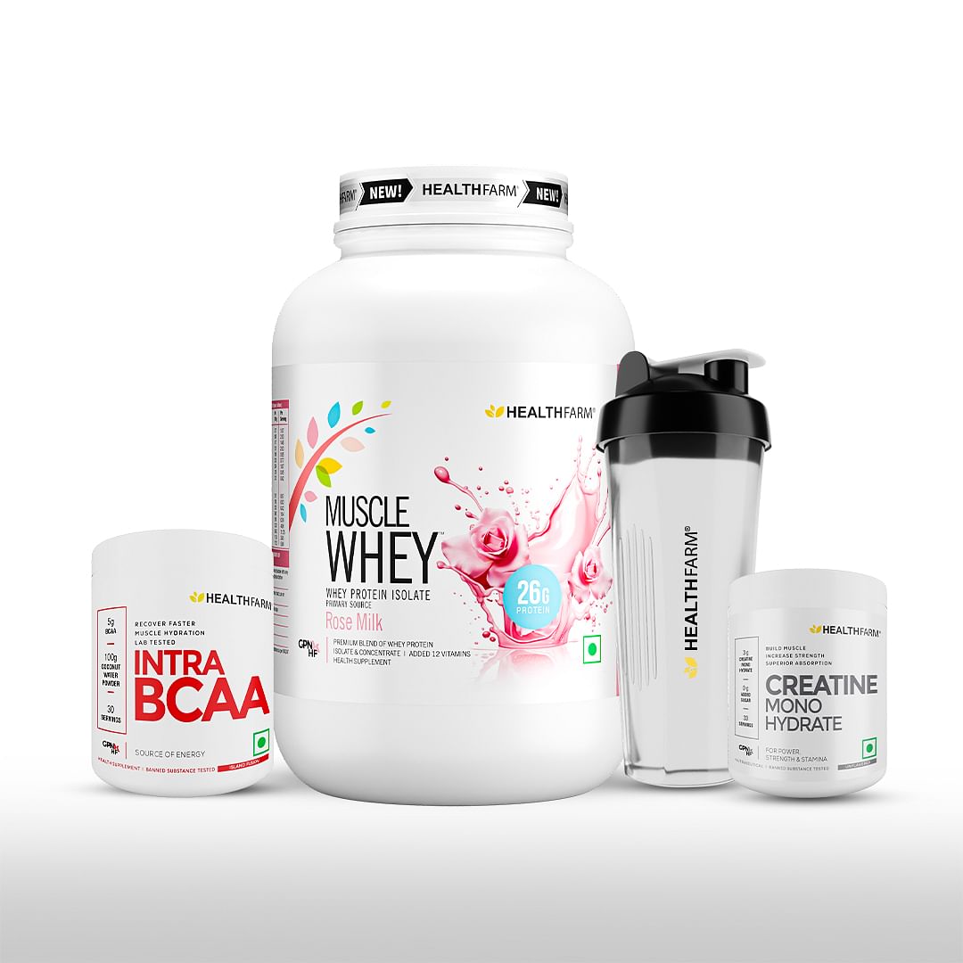 

HEALTHFARM Muscle Building Stack1 (Muscle whey Rose Milk 1kg+ Intra BCAA island fusion+creatine 100gm+Plastic Shaker