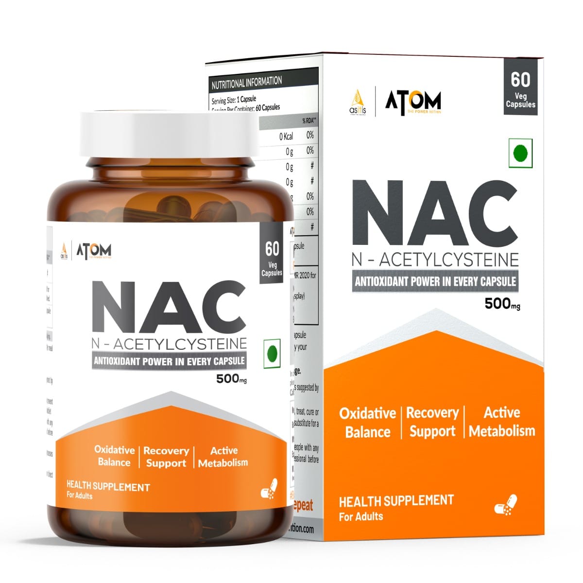 

AS-IT-IS Nutrition ATOM NAC (N-Acetylcysteine) 500mg I 60 Veg Capsules I Antioxidant Support for Overall Health I Health Supplement for Men & Women