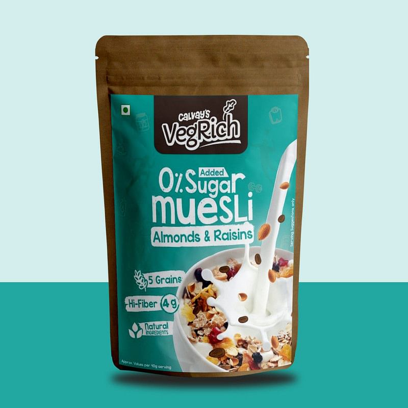 

Calvays VegRich Zero Added Sugar Breakfast Muesli-(Almonds & Raisins) Diabetic Friendly | Sugar Free Muesli - Rolled Oats + Wheat Flakes + Barley +...