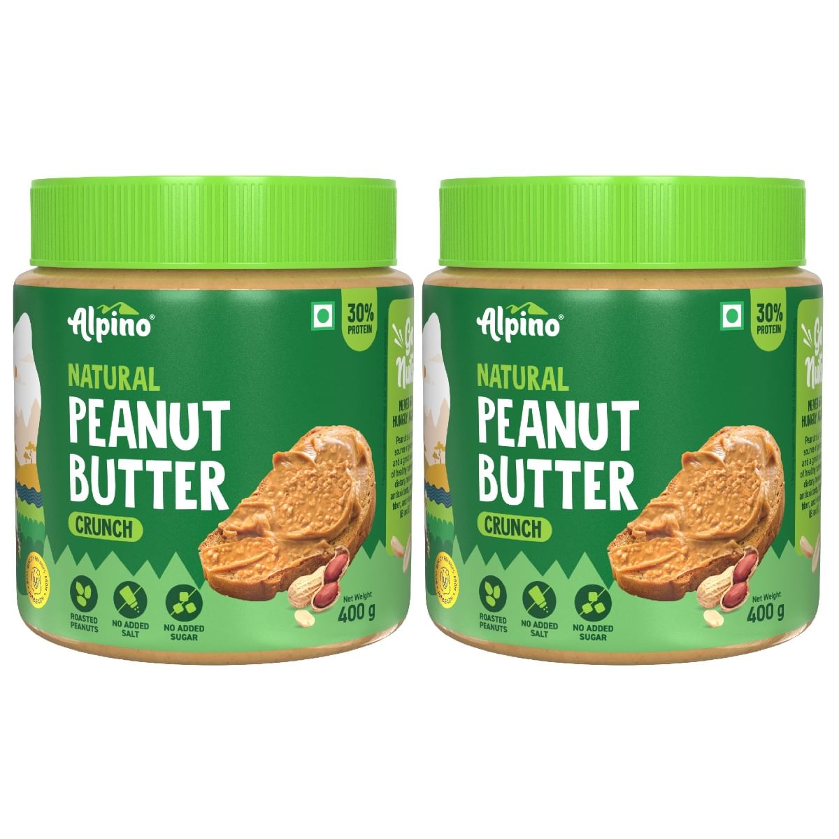 

ALPINO 30g High Protein Natural Peanut Butter Crunch 800g (400g, Pack of 2) - Unsweetened, 100% Roasted Peanuts - Source of Healthy Fats, No Added ...