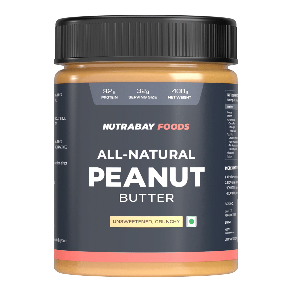 

Nutrabay Foods All-Natural Peanut Butter (Crunchy) - Unsweetened, 400G | 100% Roasted Peanuts, 28G Protein, Zero Cholesterol, Vegan, Gluten Free, N...