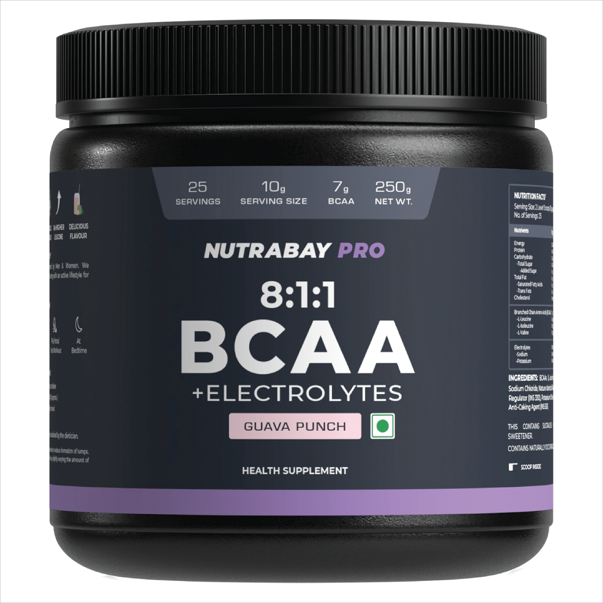 

Nutrabay PRO BCAA 8:1:1 with Electrolytes - 7g Vegan BCAAs, 1000 mg Electrolytes - Intra/Post Workout Energy Drink - 250g, Guava Punch
