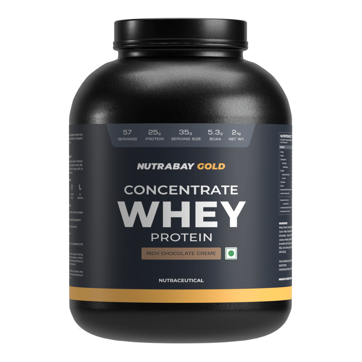 NUTRABAY Gold 100% Whey Protein Concentrate with Digestive Enzymes - 2Kg, 60 Servings | 25g Protein, 5.3g BCAA, 3.9g Glutamic Acid| Muscle Growth & Recovery | Gym Supplement for Men & Women