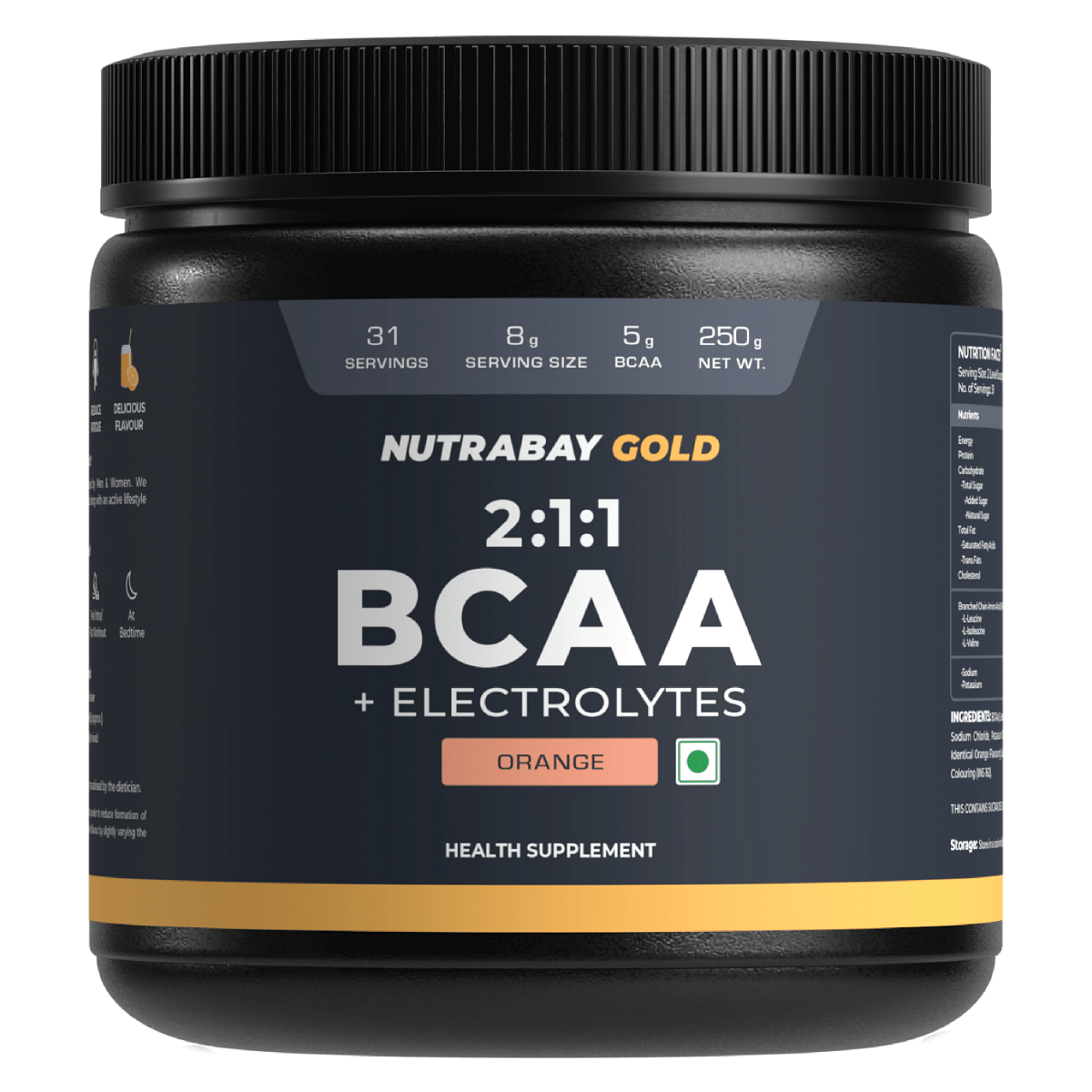 

Nutrabay Gold BCAA 2:1:1 with Electrolytes - 5g Vegan BCAAs, Pre/Post Workout Energy Drink - 250g, Orange