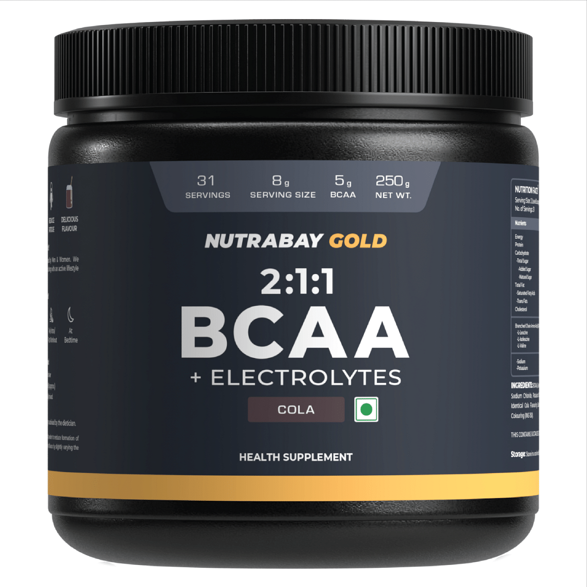 

Nutrabay Gold BCAA 2:1:1 with Electrolytes - 5g Vegan BCAAs, Pre/Post Workout Energy Drink - 250g, Cola