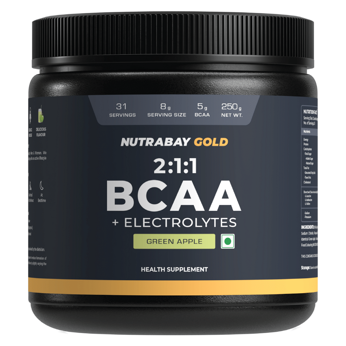 

Nutrabay Gold BCAA 2:1:1 with Electrolytes - 5g Vegan BCAAs, Pre/Post Workout Energy Drink - 250g, Green Apple