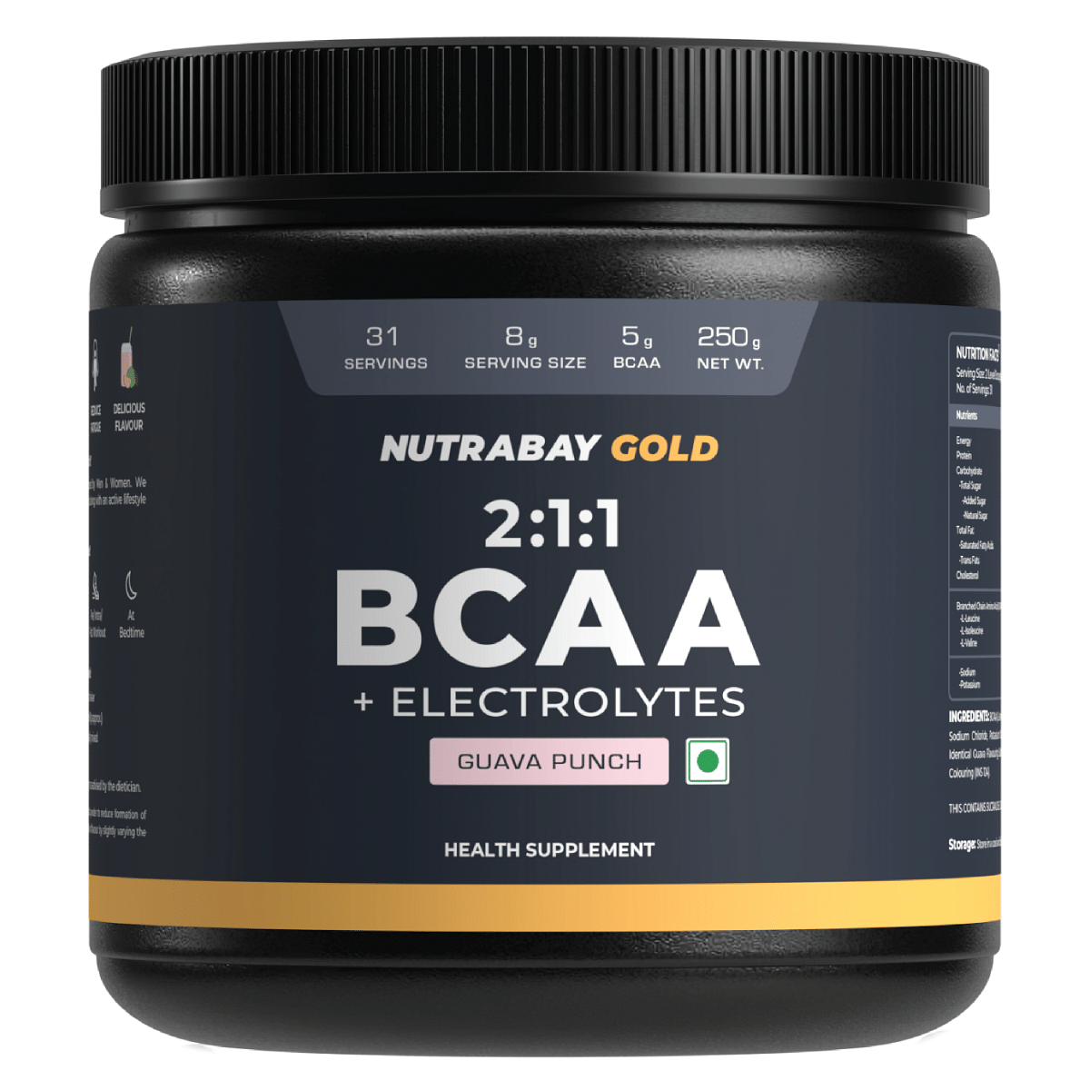 

Nutrabay Gold BCAA 2:1:1 with Electrolytes - 5g Vegan BCAAs, Pre/Post Workout Energy Drink - 250g, Guava