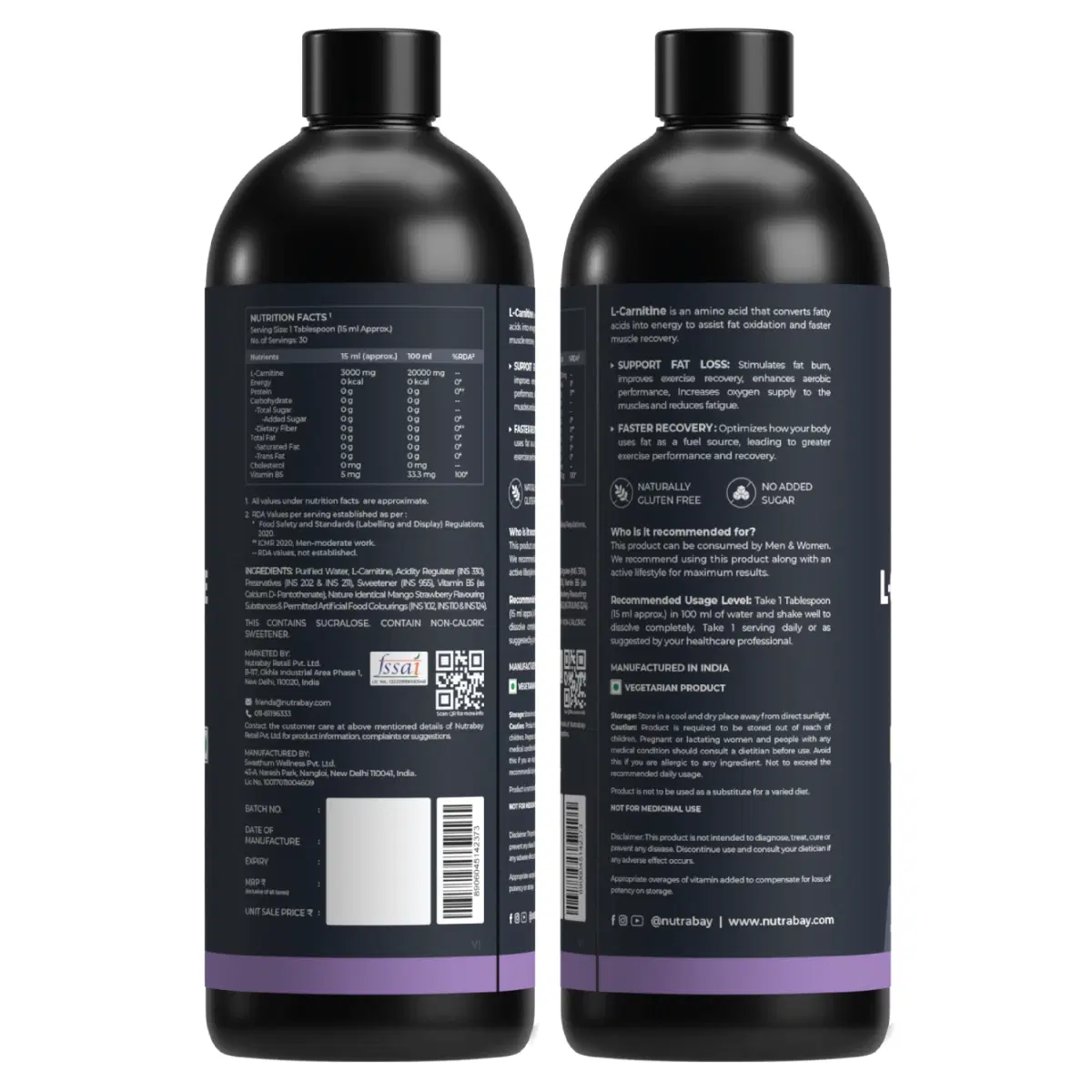 Nutrabay Pro Liquid L-Carnitine With Vitamin B5-450 ml Mango Strawberry, 30 Servings | 3000mg (Double Strength) L-CARNITINE, Sugar Free, Helps Convert Fat into Energy, Performance & Recovery Nutrabay Pro Liquid L-Carnitine With Vitamin B5-450 ml Mango Strawberry, 30 Servings | 3000mg (Double Strength) L-CARNITINE, Sugar Free, Helps Convert Fat into Energy, Performance & Recovery