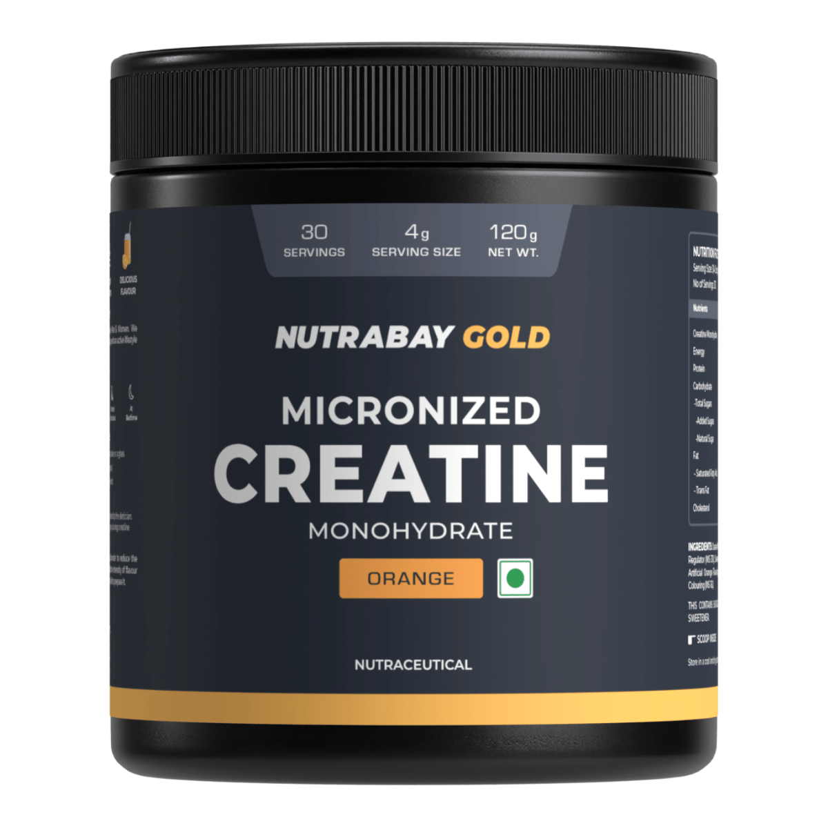

Nutrabay Gold Micronised Creatine Monohydrate Powder - 120g, Orange | NABL Lab Tested | 3g Creatine/Serving | Increases Muscle Mass, Strength & Pow...