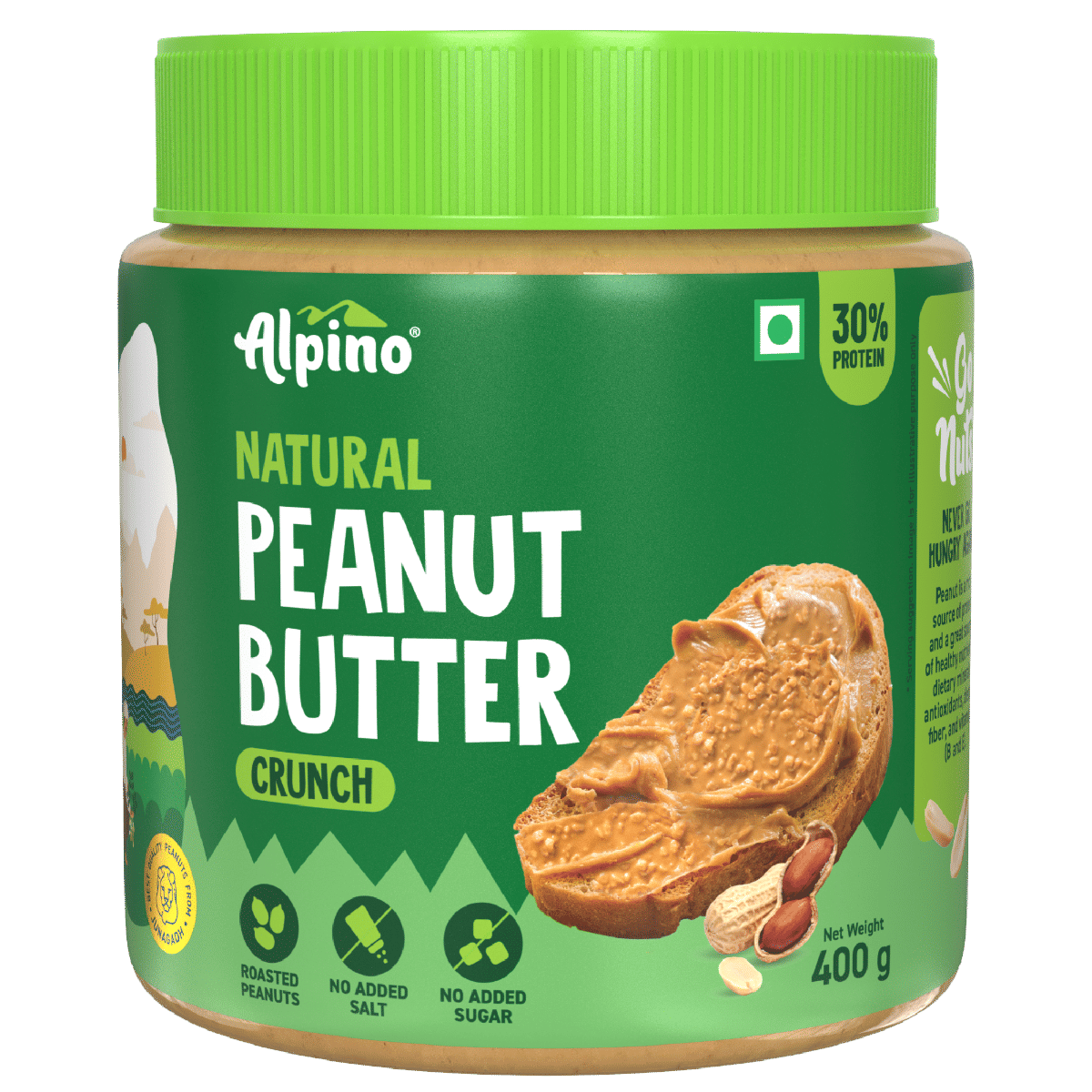 

ALPINO 30g High Protein Natural Peanut Butter Crunch 400g - Unsweetened, 100% Roasted Peanuts - Source of Healthy Fats, No Added Sugar & Salt