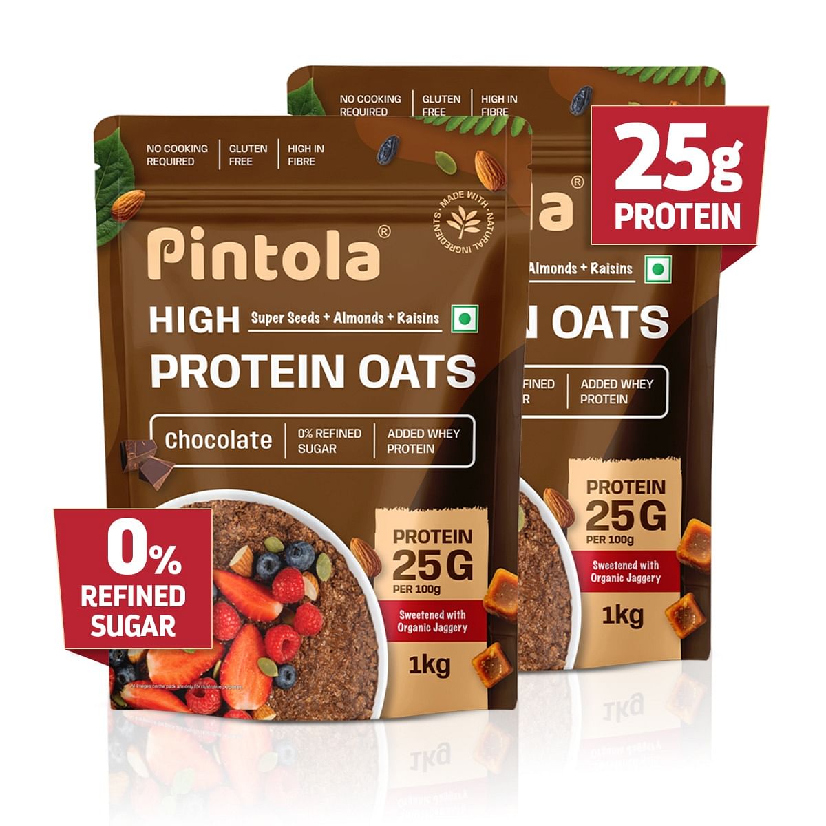 

Pintola 25g High Protein Oats, Dark Chocolate, Oats for weight loss, Breakfast Cereals Pouch - 1kg | Pack of 2