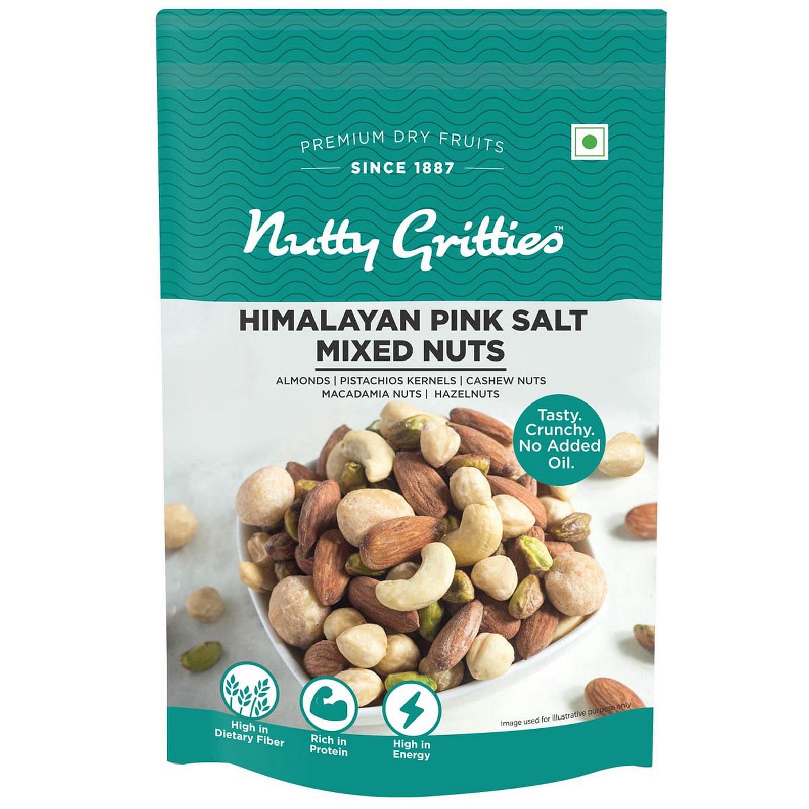 

Nutty Gritties Salted Mixed Nuts - Roasted in Himalayan Pink Salt (Almonds, Cashews, Macadamias, Hazelnuts, Pista Kernels)- 100g