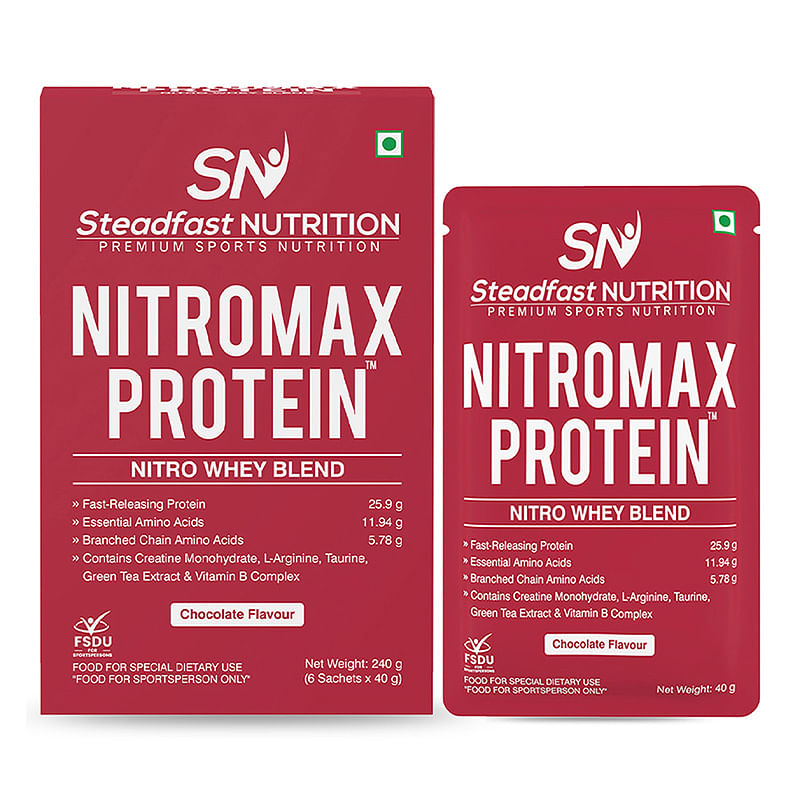 

Steadfast Nutrition Nitromax Protein |25.9g Fast Releasing Protein, 11.94g EAA, 5.78g BCAA per sachet | Increases Muscle pump, strength, Lean Muscl...
