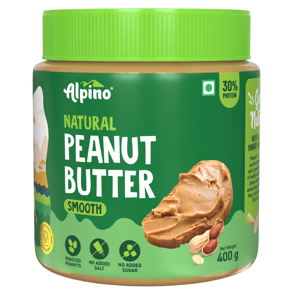 

ALPINO 30g High Protein Natural Peanut Butter Smooth 400g - Unsweetened, 100% Roasted Peanuts - Source of Healthy Fats, No Added Sugar & Salt