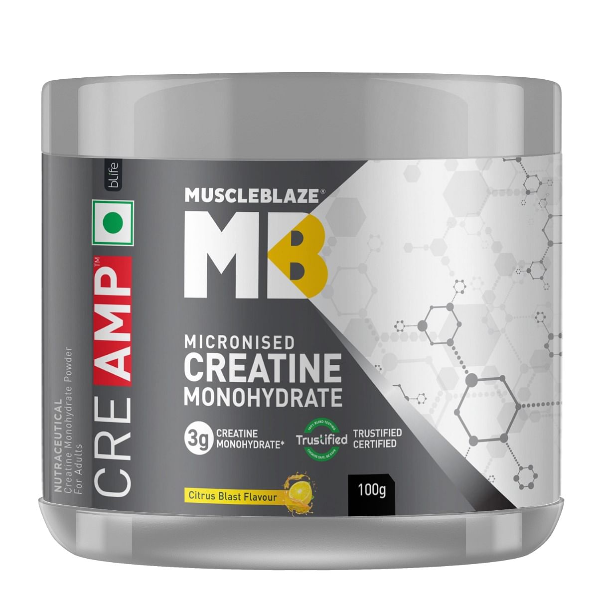 

MuscleBlaze Creatine Monohydrate CreAMP™ with CreAbsorb™ (Citrus Blast, 100g, 25 Servings) | Trustified Certified