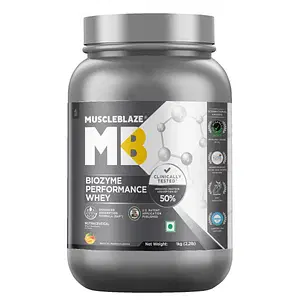 MuscleBlaze MB Biozyme Performance Whey 1kg | 28 Serving | Magical Mango Flavour | Muscle Gain
