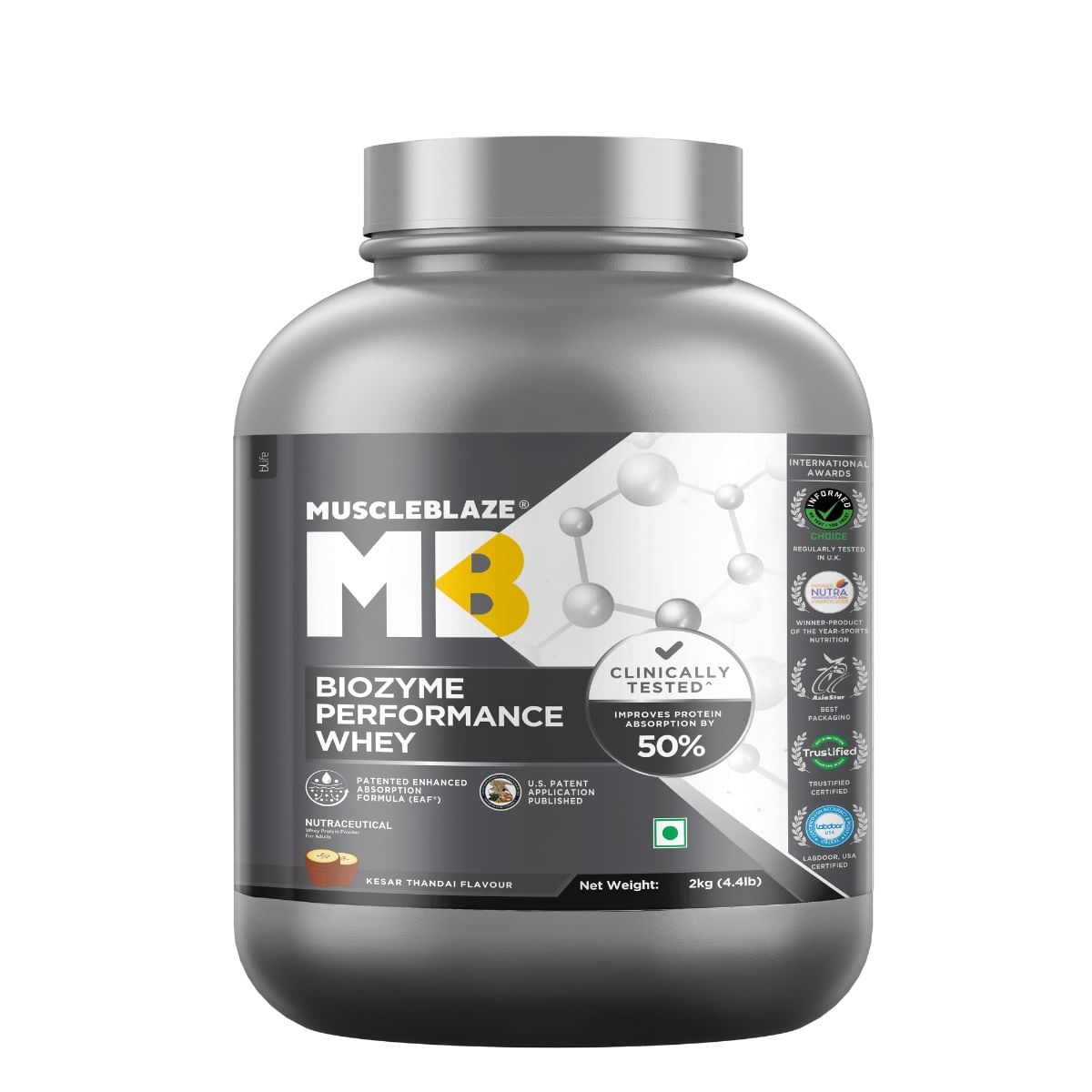 

MuscleBlaze Biozyme Performance Whey, Labdoor USA Certified (Kesar Thandai, 2 kg / 4.4 lb, 55 Servings)