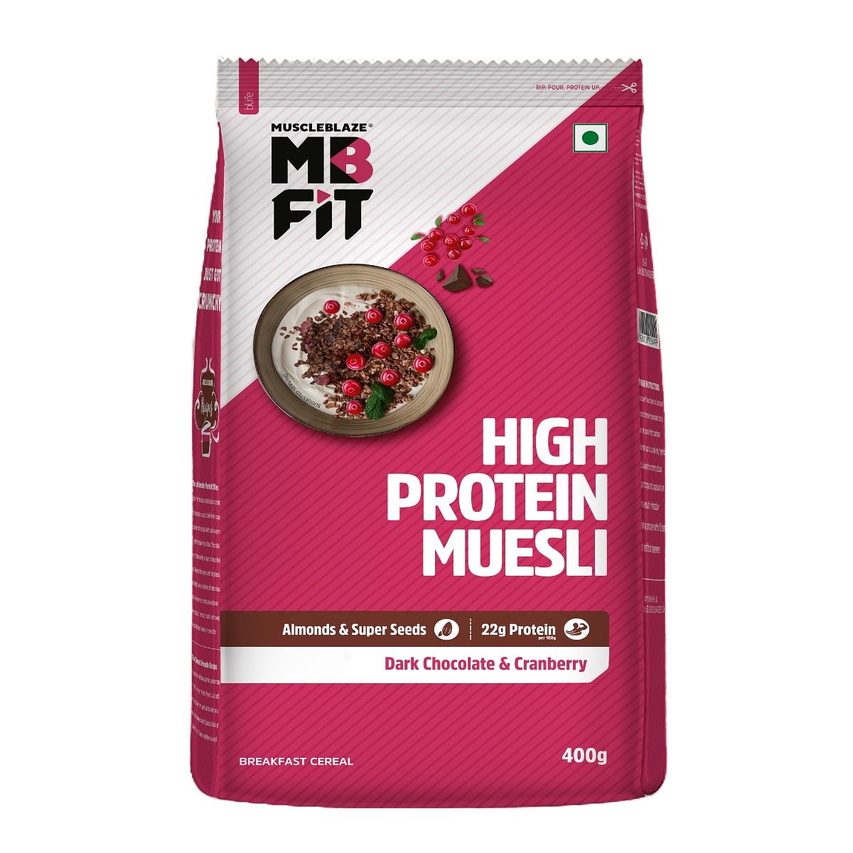 

MuscleBlaze MB High Protein Muesli, Dark Chocolate & Cranberry, 22 g Protein, with Superseeds, Raisins & Almonds, Ready to Eat Heal...