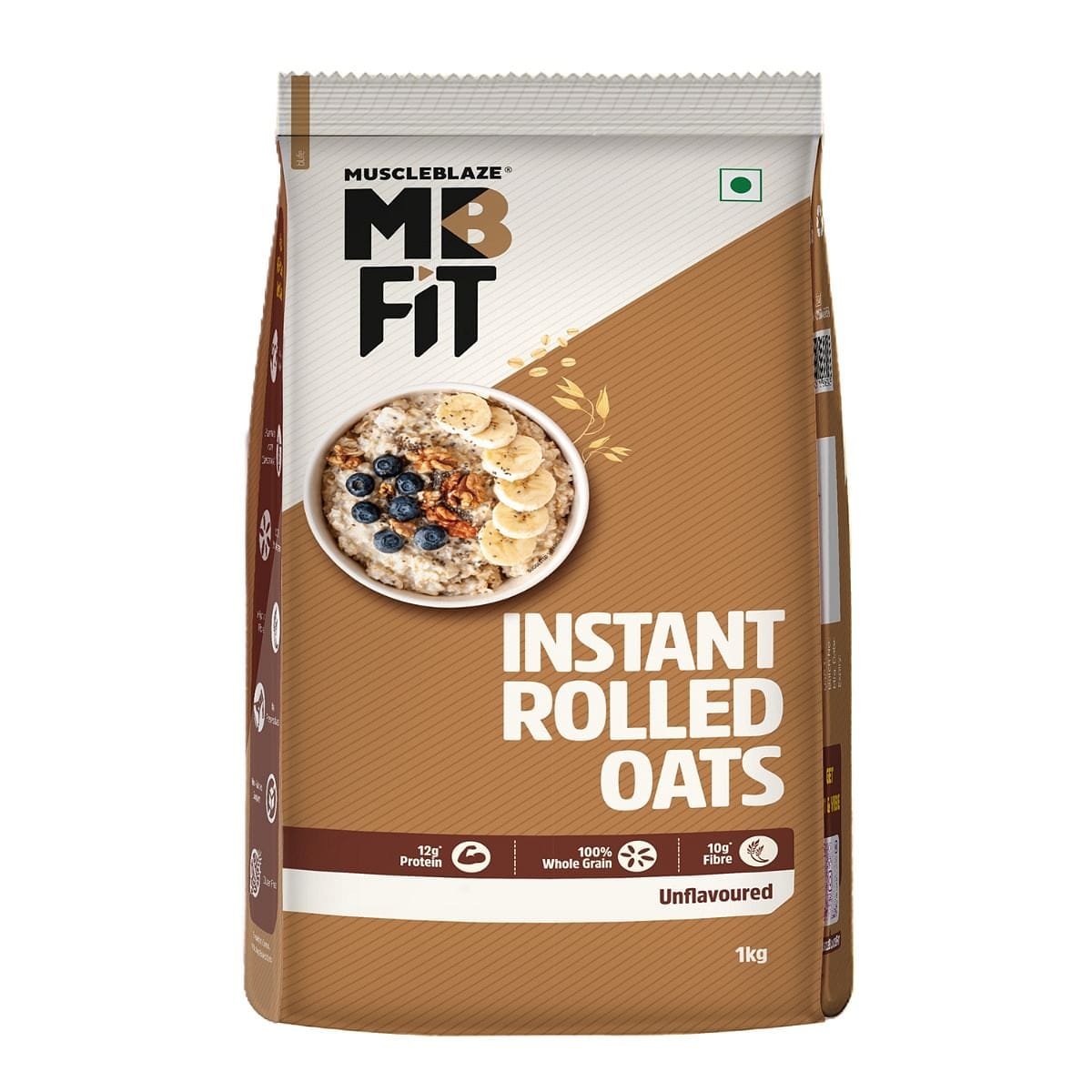 MuscleBlaze Fit Instant Oats | 12 g Protein, 100% Rolled Oats, High in Protein & Fibre, No Added Sugar, Breakfast Cereals for Weight Management - 1 kg, Unflavoured